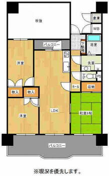 サンライフ守恒２ 3LDK、価格1290万円、専有面積65.64m<sup>2</sup>、バルコニー面積16.63m<sup>2</sup> ３ＬＤＫ、専有面積：６５．６４m<sup>2</sup>（壁芯）、バルコニー面積：１６．６３m<sup>2</sup>