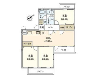 エクシードマンション室見 3LDK、価格1380万円、専有面積66.06m<sup>2</sup>、バルコニー面積12.27m<sup>2</sup> 間取り