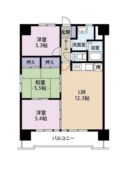 三和コーポ高城 3LDK、価格1180万円、専有面積60.48m<sup>2</sup>、バルコニー面積8.88m<sup>2</sup> リビング12帖、家族が自然に集まる広さ。