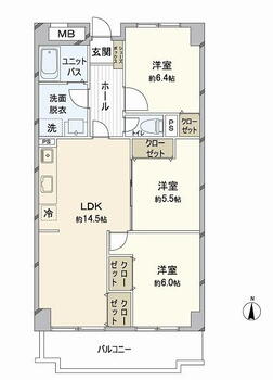 八幡東スカイマンション 3LDK、価格1088万円、専有面積69.25m<sup>2</sup>、バルコニー面積9.3m<sup>2</sup> 