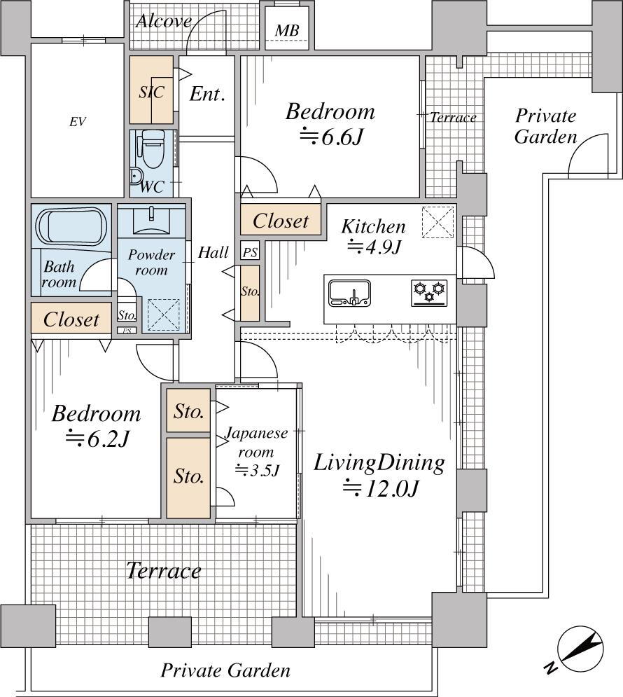 シティガーデンＢＯＮＪＯＮＯ　Ａ棟 3LDK、価格3280万円、専有面積78.45m<sup>2</sup> 必要な位置に必要な収納スペース♪<BR>マンションには珍しい専用庭やテラス付き。<BR>戸建てとマンションのいいとこどりな物件、是非一度ご内覧ください♪