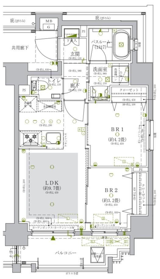 オープンレジデンシア薬院二丁目 2LDK、価格5400万円、専有面積42.54m<sup>2</sup>、バルコニー面積6.52m<sup>2</sup> 床暖房付き、全室窓付きプラン