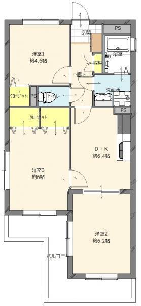 ネオハイツ新室見 3DK、価格1490万円、専有面積53.76m<sup>2</sup>、バルコニー面積8.34m<sup>2</sup> 