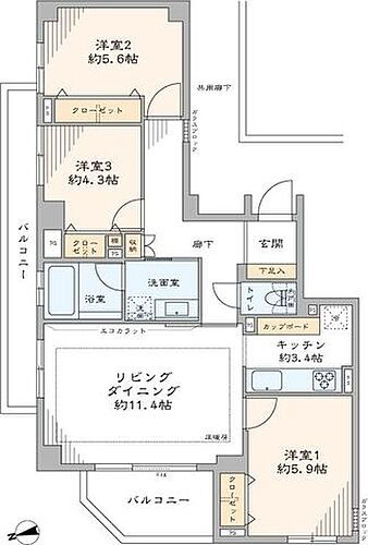 パークハウス高円寺南桃園 収納豊富な3LDKです。二面バルコニー有。角部屋につき窓が多く、開放感のあるお部屋です。