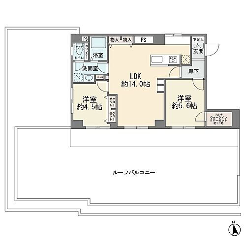 シャンボール妙蓮寺 4階部分の南西角部屋です　ルーフバルコニー61．42平米　カウンターキッチン　マルチウォークインクロゼット　全室フローリング　2ＬＤＫ　エアコン照明付き　新規フルリフォーム済み