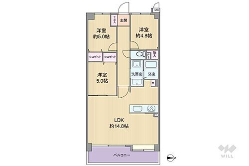 エンゼルハイムパークステージ２番館 間取りは専有面積66平米の3LDK。全個室洋室仕様・横長リビングのプラン。LDKと洋室5.0帖は間の引き戸を開放して繋げて使うことも出来ます。バルコニー面積は9.00平米です。