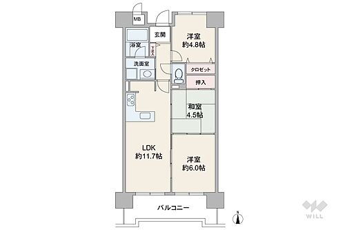 ファミール武庫川東 間取りは専有面積57.68平米の3LDK。縦長のLDKと個室2部屋が続き間になっているプラン、生活シーンに合わせてフレキシブルに部屋をつなげたり区切ったりできます。
