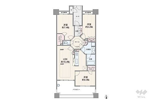 イトーピア箕面 間取りは専有面積79.48平米の3LDK。住戸中央にある折り上げ天井・八角形のホールが特徴的なプラン。個室は全部屋6帖以上、ウォークインクロゼットが2か所あるなど収納スペースが充実しています。