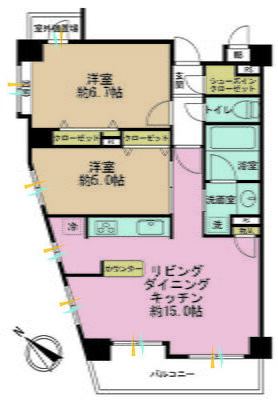 サニーコート祐天寺 2LDK、専有面積57.61m2、バルコニー面積6.6m2