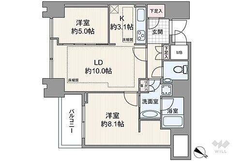 ザ六本木東京クラブレジデンス 間取りは専有面積61.17平米の2LDK。LDK約13.1帖のセンターリビングのプラン。バルコニー面積は3.49平米です。