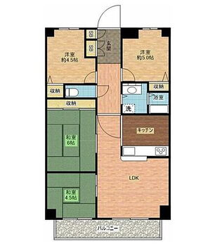 シャルム北山 【間取り】4LDK専有面積：65.65m2、バルコニー面積：3.50m2