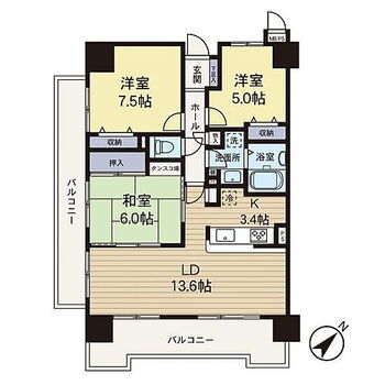 ローヤルシティ鴨居六番館 【間取】大きなバルコニーが2面あります。来客対応にピッタリな和室があります。