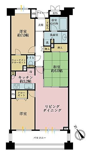 ゼファー松戸イムス 3ＬＤＫ、専有面積75．02、バルコニー面積12．30平米