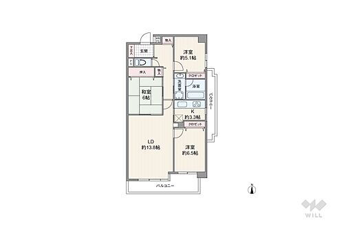 アザーレ伊丹ファミール 間取りは専有面積81.67平米の3LDK。2面バルコニー・縦長リビングのプラン。キッチンは独立型でサブバルコニーに出られる引き戸が設けられています。LDKと続き間の和室は廊下側からも出入り可能です。