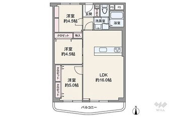 阪急南茨木ハイタウン駅前高層住宅Ｊ棟 間取りは専有面積66.66平米の3LDK。全部屋洋室仕様のプラン。LDKと洋室1部屋が続き間で、扉を開放して広々使用することも可能。室内廊下が短く、居住スペースを優先した造りです。