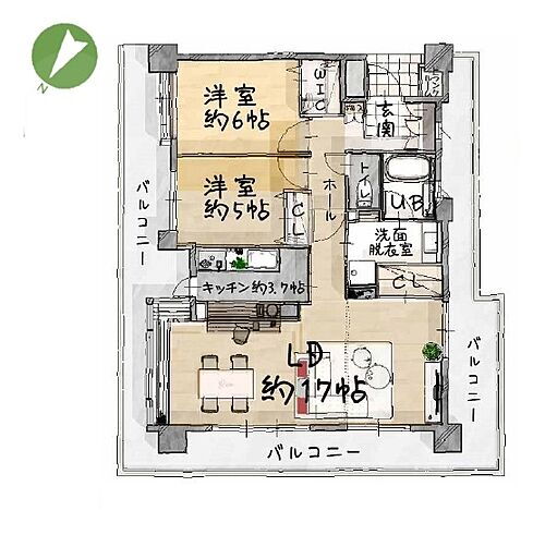 ダイアパレス新所沢けやき台ＩＩ LDKゆったり20.7帖、全居室収納スペース付、開放感ある2階部分の北東・北西角部屋です。