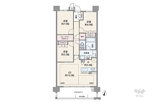 バンベール印場ヒルズ 間取りは専有面積84.46平米の3LDK。アウトポール設計で家具が配置しやすいプラン。各居室、廊下、洗面室に収納スペースが設けられています。全居室洋室仕様です。