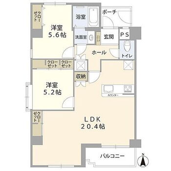 信開ドヌール神田 LDK約20.4帖/洋室約5.6帖/洋室約5.2帖/洗面室/浴室/トイレ/バルコニー