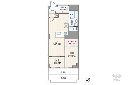 南平台セントラルハイツ 間取りは専有面積69.87平米の2SLDK。テラス・専用庭付きのプラン。全居室洋室仕様で、個室は2部屋ともLDKを通って出入りします。