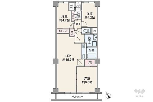 ルックハイツ日吉２号棟 間取りは専有面積67.44平米の3LDK。バルコニー面積は5.15平米です。