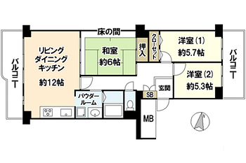 千里台スカイハイツ（Ｃ棟） 東西にバルコニーを持つ間取り。面する各居室に大窓（掃き出し窓）があり、太陽の光がたくさん降り注ぎます