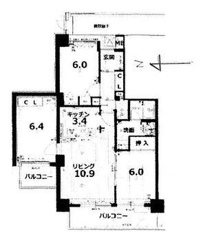 サーパス小野 ５階・角部屋（バルコニー２ヶ所）　３ＬＤＫ　６８．６９ｍ2（内法）カウンターキッチン　各室に収納スペースあり