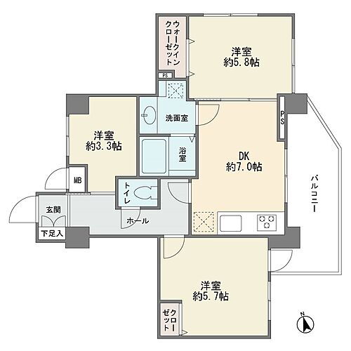 エスプラザ中山 6階部分の北東角部屋です　ワイドバルコニー　ウォークインクロゼット　全室フローリング　3ＤＫ　新規フルリフォーム　エレベータ有り　新耐震基準　中山駅徒歩7分です