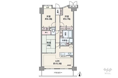 ライオンズマンション新伊丹 間取りは専有面積74.13平米の3LDK。採光面を広く確保した横長リビングのプラン。各個室に収納スペース付きです。和室とリビングが続き間になっており、繋げて一つの空間として使うこともできます。