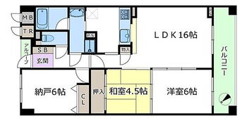 ステイツ北畠 2LDK＋N（納戸）type。専有面積：72.17m2・バルコニー面積:11.88m2・アルコーブ面積：1.32m2。リビング16帖は、広々ゆったりとした空間です。