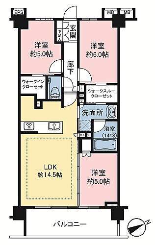 クリオ横濱本牧 WIC・WTC付きの収納豊富な3LDK。洋室の引き戸を開ければ広々としたリビングとしてお使い頂けます。