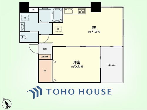 世田谷代田サンライズマンション 1DK　専有面積34.77平米、バルコニー面積4.93平米