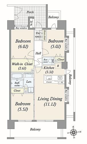 クレストガーデンレジデンス 高層階・角住戸ならではの開放感を感じられる住戸です。また、廊下部分の面積が少ないため、その分居室に広がりがあります。