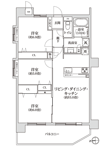 フルリノベ済　マイキャッスル西国分寺 3LDK、専有面積72.63m2、西向け