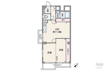 マンション西目黒苑 間取りは専有面積52.71平米の1LDK。二面バルコニーのプラン。壁面収納など収納スペースが充実。玄関から室内を見通しにくい造りで、プライバシーに配慮されています。