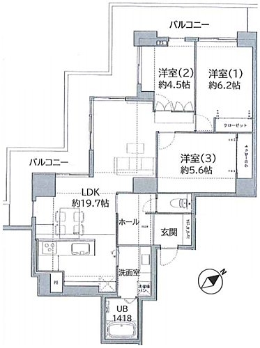 メロード吹田 3LDK、西向きバルコニーのお部屋です。エレベータが建物の中央に位置し、住居は全戸が角部屋となるよう配置されたタワーマンション独特の間取り