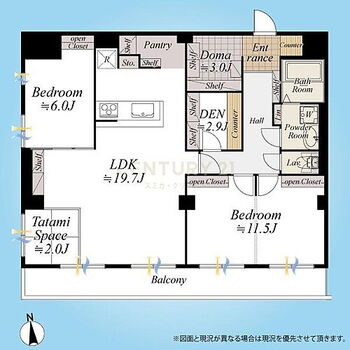 自由ヶ丘第３マンション 間取り図／ご家族団欒の場となる約19.7帖のLDK＋約2.0帖の畳スペースを中心に、パントリーや書斎、玄関土間収納など「あると嬉しい」ポイントを取り入れた間取りです