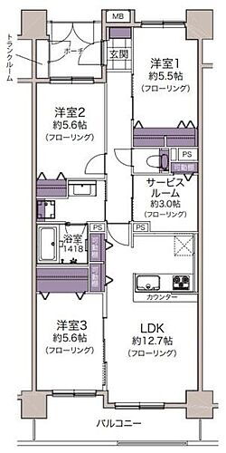 ヴェルビュせんげん台ステーションプラザ 【間取り】スタンダードで使いやすい3SLDKの間取り。LDK12.7帖は開放感があり、お部屋にゆとりを感じさせます。