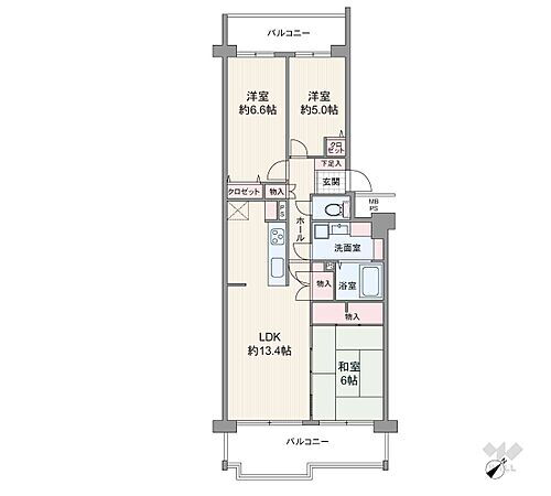 阪急日生ニュータウンサウンズヒルＨ棟 間取りは専有面積75.26平米の3LDK。プライベートスペースとパブリックスペースを分けて使いやすいセンターインのプラン。バルコニーは二面あり、全居室がバルコニーに面しています。