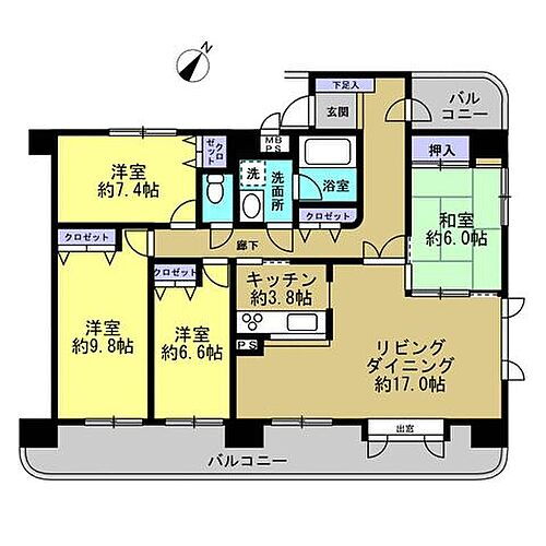 ライオンズマンション苫小牧錦町 【間取図】洋室3部屋、和室1部屋の4LDK。所在階12階の為、眺望良好。壁芯100平米越えのゆとりある住宅です。