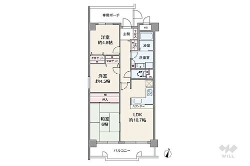 ネオカレント豊中・利倉西 【間取り図】6階最上階、南西角部屋です。プライバシーが守られつつ、全居室に窓があります！