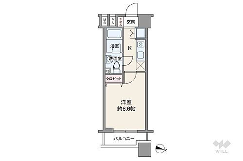 ファーストリアルタワー新宿 間取り図。22.91平米のワンルームタイプ。