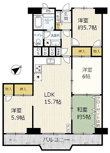 スカイハイツ麻生第４号棟　４ＬＤＫ 間取は使いやすい４LDK。洋室が2部屋あります。