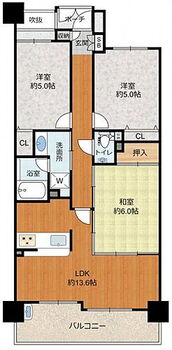 ネオハイツ枚方長尾 専有面積：66.85平米　バルコニー面積：9.93平米　3LDK　室内は現状空家です