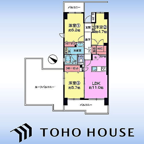 川口弥平パーク・ホームズ 〜間取り〜ルーフバルコニーが魅力の6階角部屋のお部屋です。3LDKでも、リビングを広くして2LDKとしてもお使いいただける間取りとなっております。