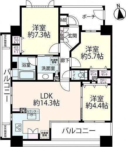 ドルフアクロス昭和町 6階部分の南西角住戸です♪♪アルコープ付きで3面開放の明るさと風通しの良さを堪能できる間取になっています。