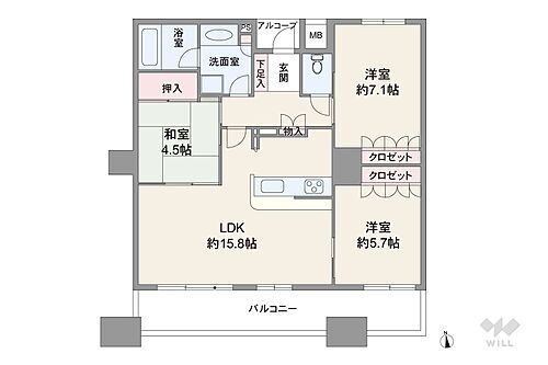 さきタワー・サンクタス尼崎駅前 間取りは専有面積74.31平米の3LDK。横長のLDKと洋室1室がバルコニーに面したワイドスパンのプラン。バルコニー面積は12.74平米です。和室はLDKと廊下側から出入り可能な2WAY動線。