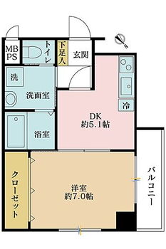 シャンボール五反田 1DK、専有面積31.21m2、バルコニー面積3.6m2