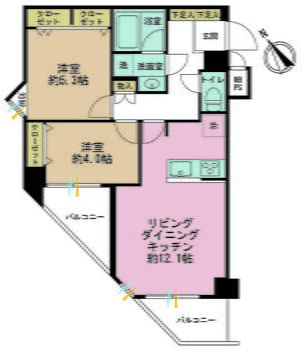 サンスプレンダー吾妻橋 2LDK、専有面積51.64m2、バルコニー面積7.29m2