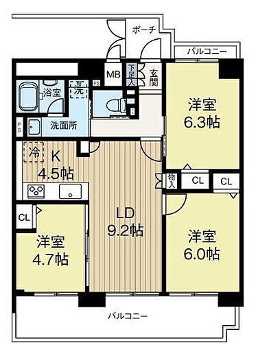 キングマンション福島１ ☆3LDK・65.66m2☆南面にリビング・ダイニングと居室2室があり日当たり良好な物件です。
