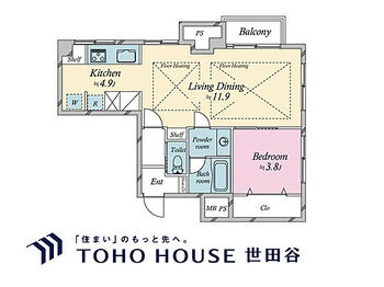 自由ヶ丘第３マンション 1LDK、専有面積48.88m2、バルコニー面積2.4m2 (家具・装飾品は販売対象に含まれておりません）